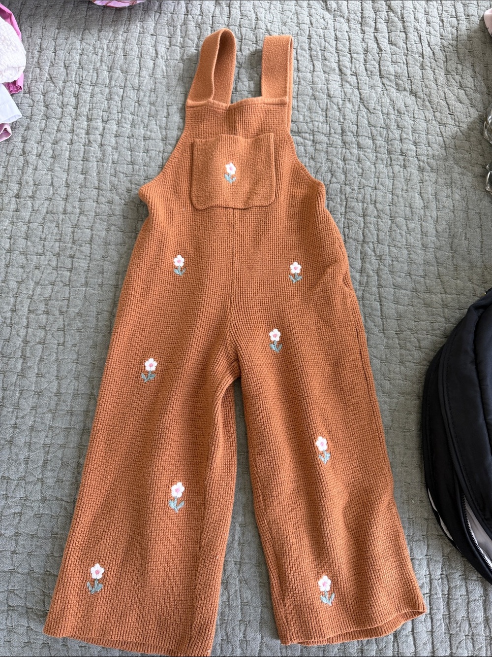 Zara Brown Floral Knit Overalls with Embroidered Flowers